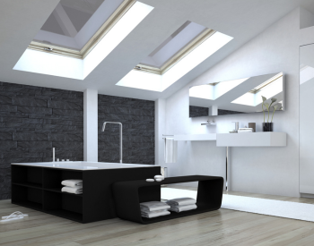 Sunlit living room with skylights