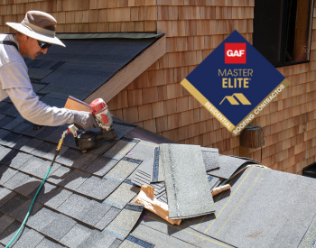 Roof replacement project in Towson, MD, with a GAF Master Elite certification badge